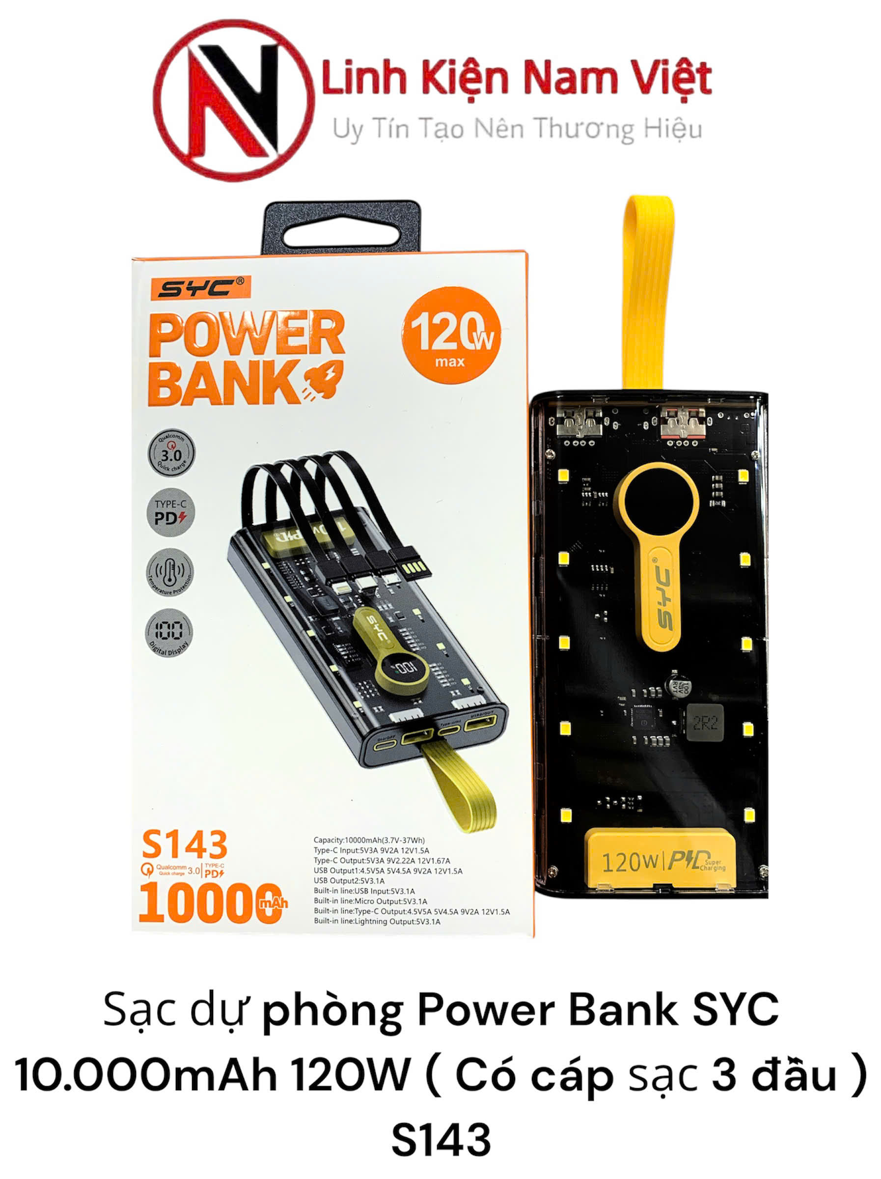 Sạc dự phòng Power Bank SYC 10.000mAh 120W ( Có cáp sạc 3 đầu ) S143