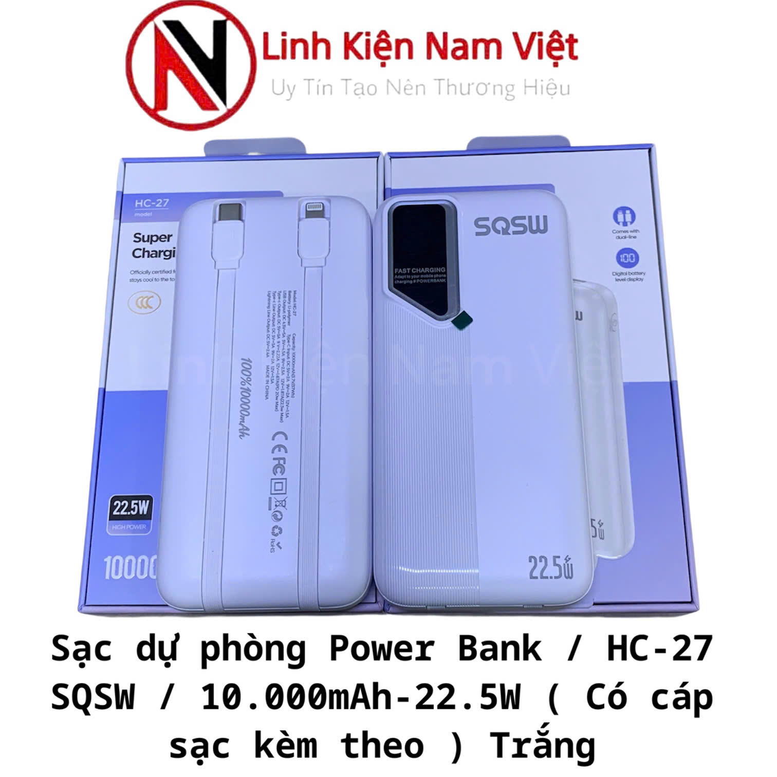Sạc dự phòng Power Bank / HC-27 SQSW / 10.000mAh-22.5W ( Có cáp sạc kèm theo ) Trắng
